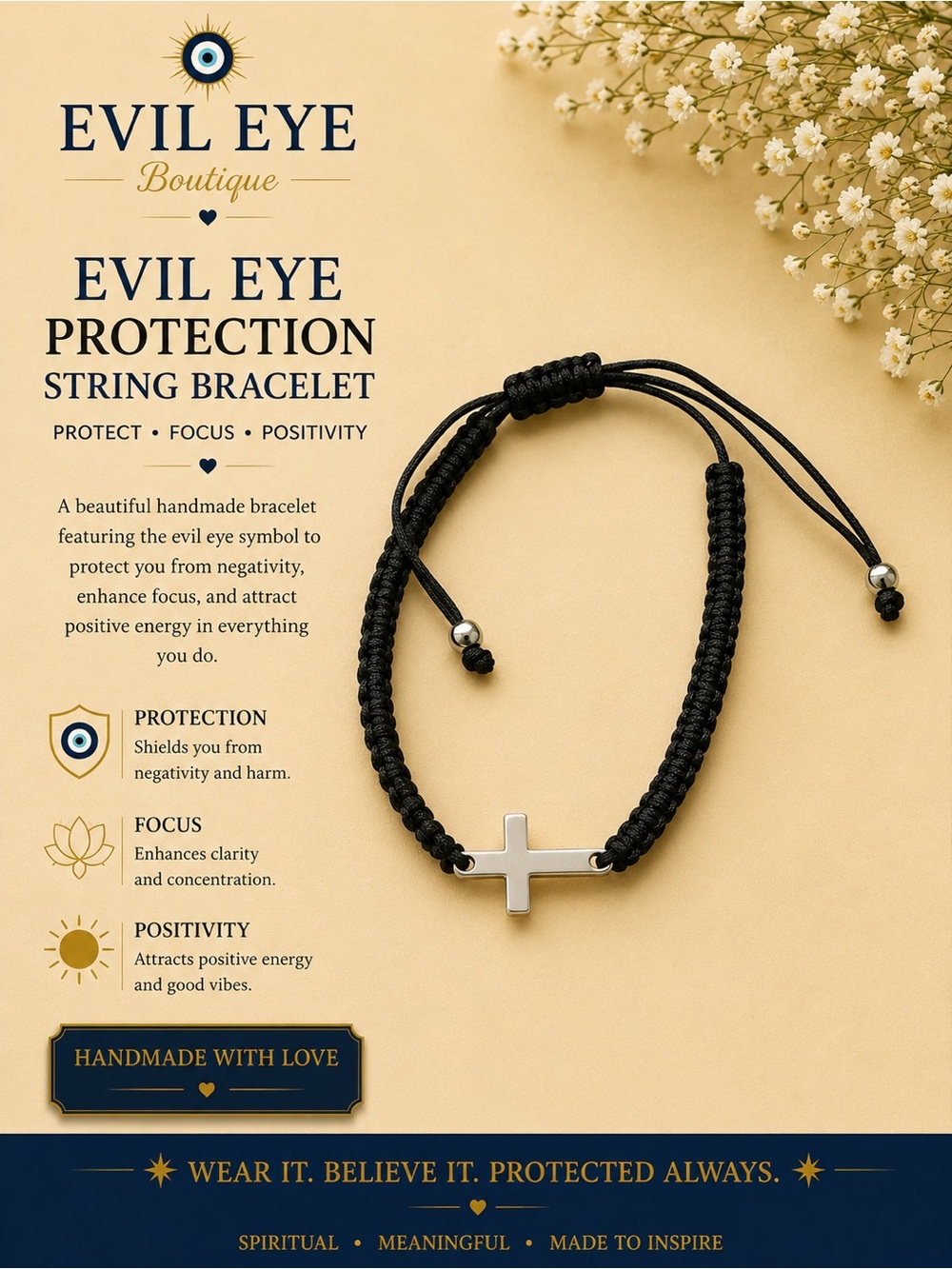 Black String Bracelet with Silver Cross